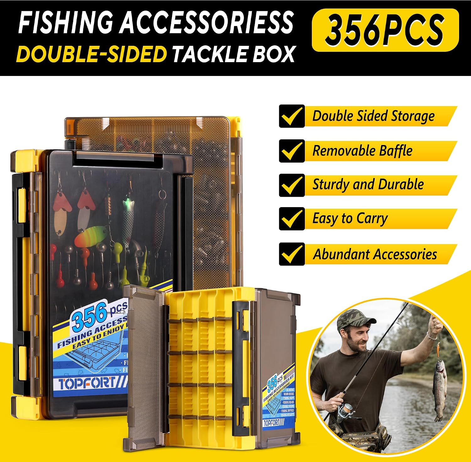 TOPFORT 187/343pcs Fishing Accessories Kit, Organized Fishing Tackle Box with Tackle Included, Fishing Hooks, Fishing Weights Sinkers, Fishing Gear and Equipment, Fishing Gift for Men