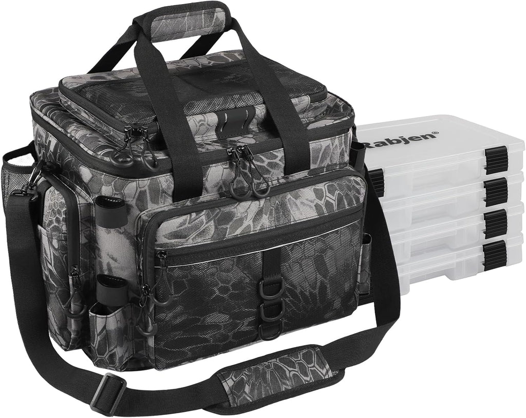 Rabjen Fishing Tackle Bag with Rod Holders & Cooler Main Compartment – Large Capacity Fishing Bag for Organized Gear Storage
