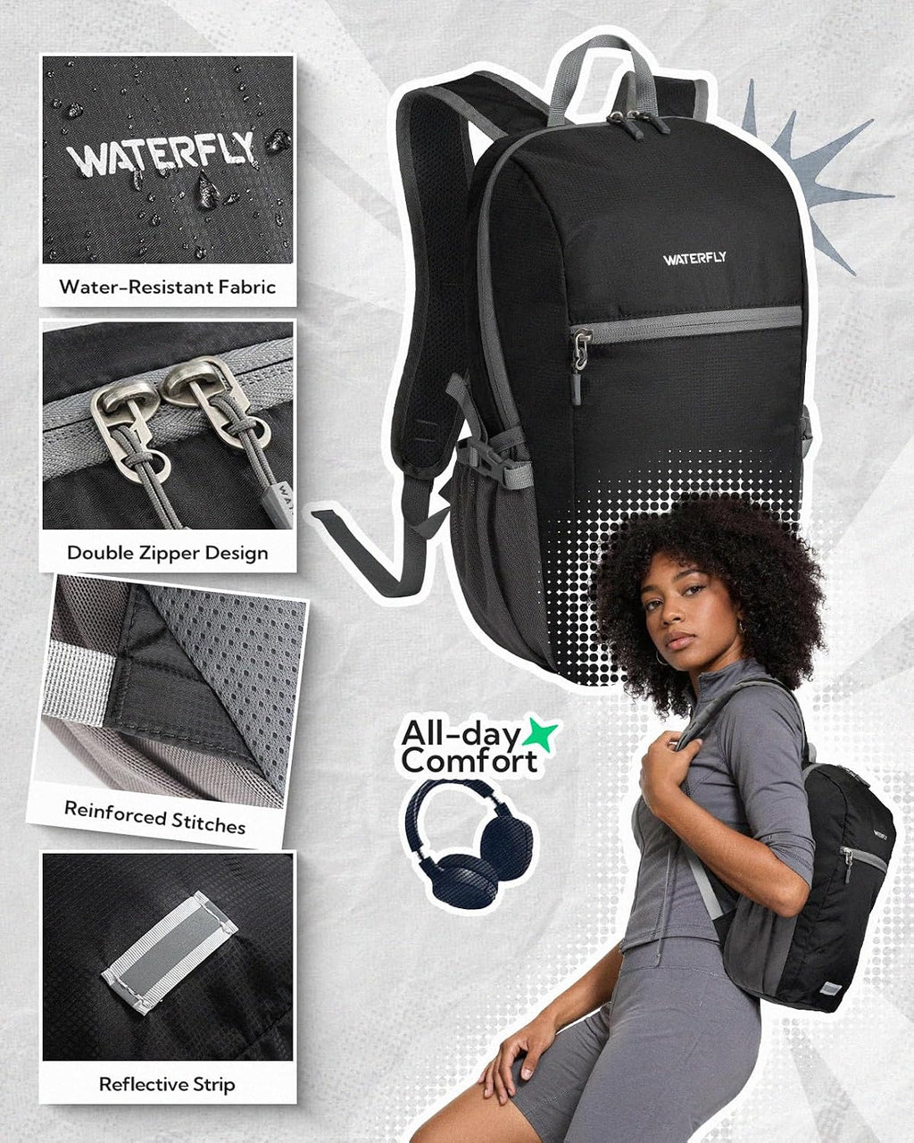 WATERFLY Small Packable Travel Backpack: 10L Ultra-Light Daypack Women Men
