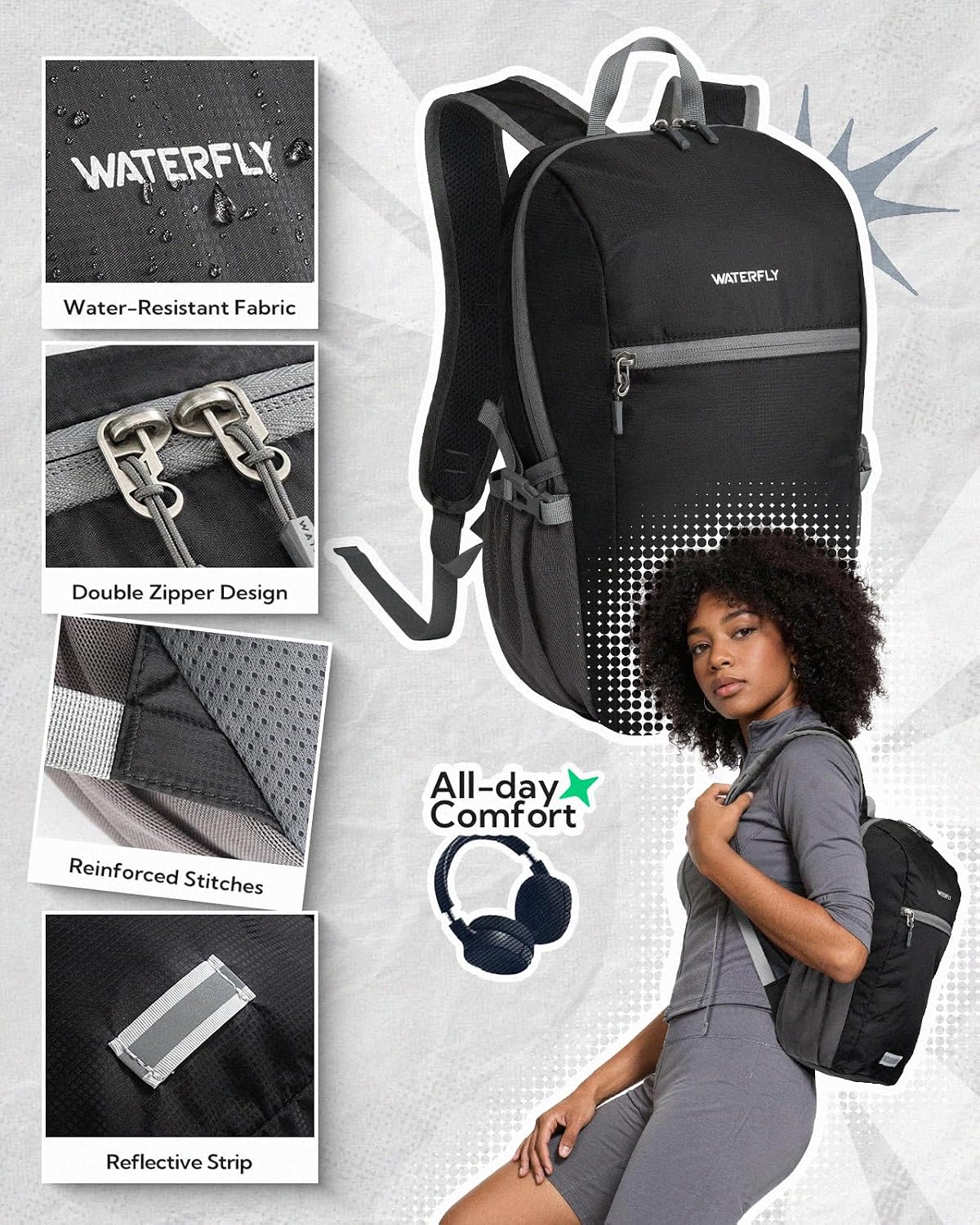 WATERFLY Small Packable Travel Backpack: 10L Ultra-Light Daypack Women Men