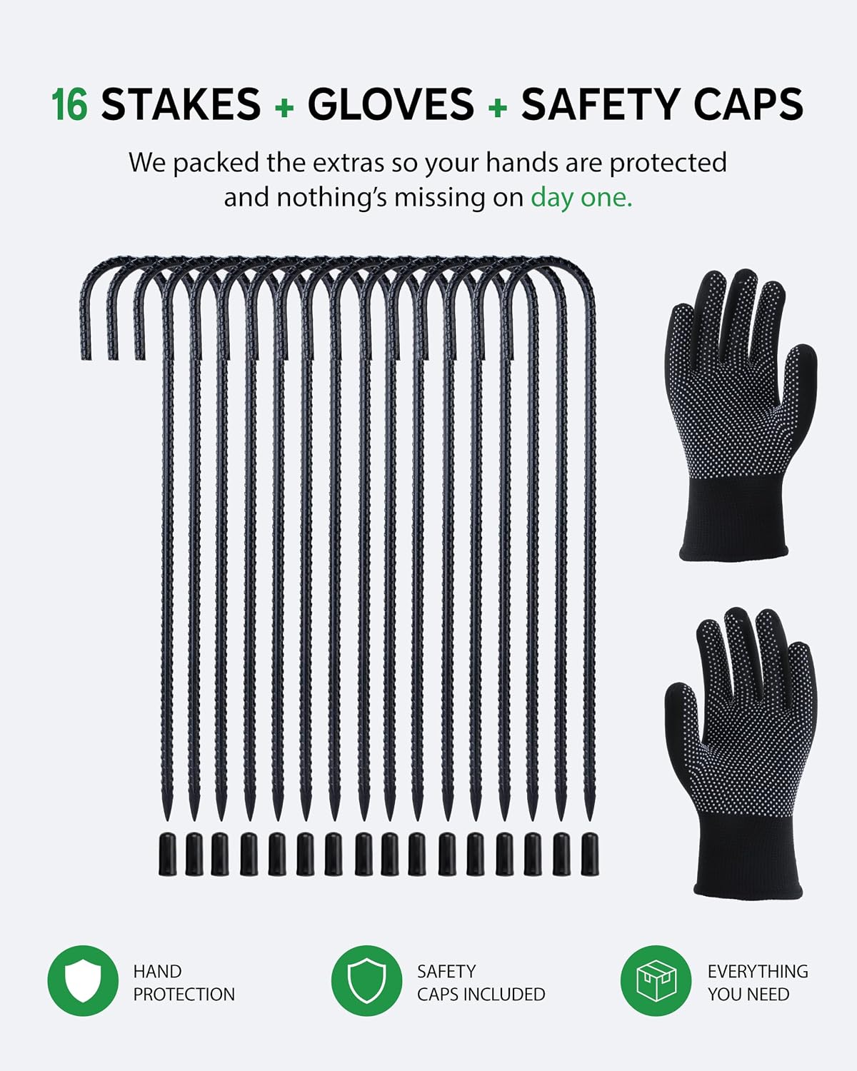 16 Inch J Hook Rebar Stakes 16 Pack, Heavy Duty 8mm Black E-Coated Metal Ground Stakes, Tent Anchors for Trampoline, Chain Link Fence, Canopy & Tarp, with Work Gloves & Safety Caps