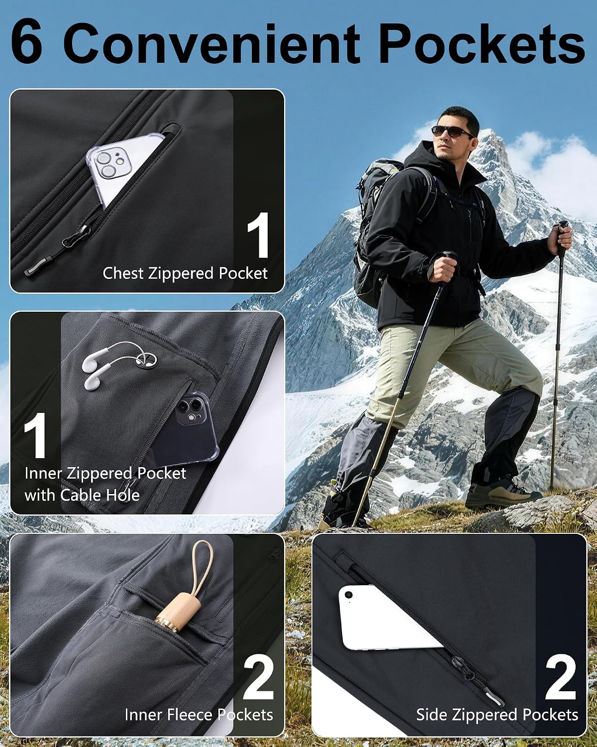 Outdoor Ventures Men's Softshell Jacket Waterproof Fleece Rain Shell Coat