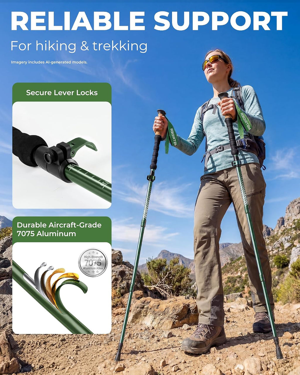Trekking Poles for Hiking - Collapsible Lightweight 7075 Aluminum Hiking Poles (9.5 oz), Cork Grip Tri-Fold Walking Sticks for Seniors, Men & Women, Adjustable 43-53" (Set of 2)