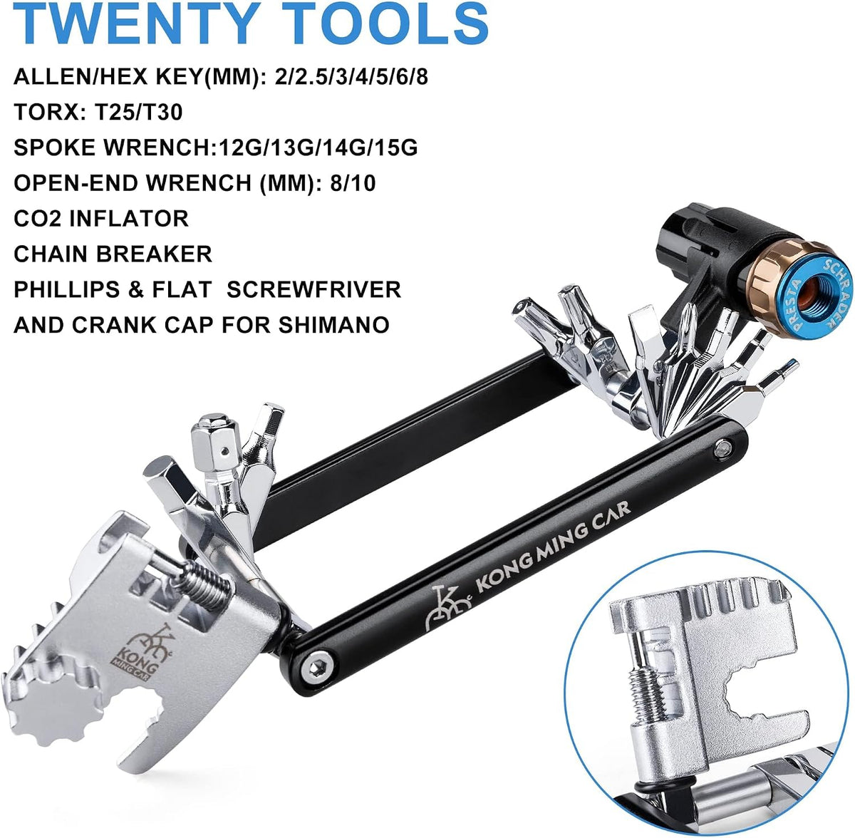 Bike Tool with CO2 Inflator - Bike Chain Tool/Torx/Hex/Screwdriver - Bicycle Multitool Kit Compact and Lightweight Repair Tools for Road and Mountain Bikes