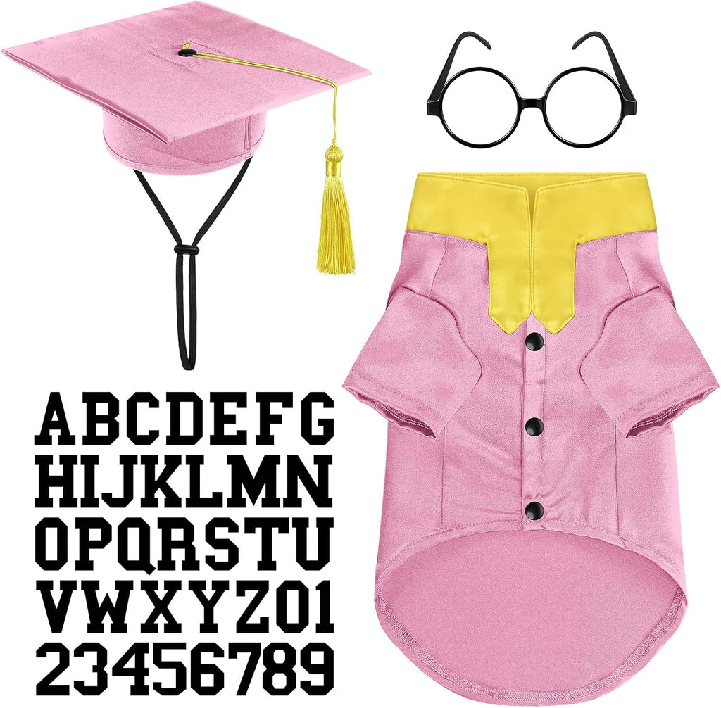 Huhumy 5 Pcs Dog Graduation Costume Set Include 2026 Pet Graduation Gown with Stole Puppy Grad Cap Lensless Glasses DIY Letter Stickers for Dogs Cats Holiday Costume Accessory(Pink Yellow,S)
