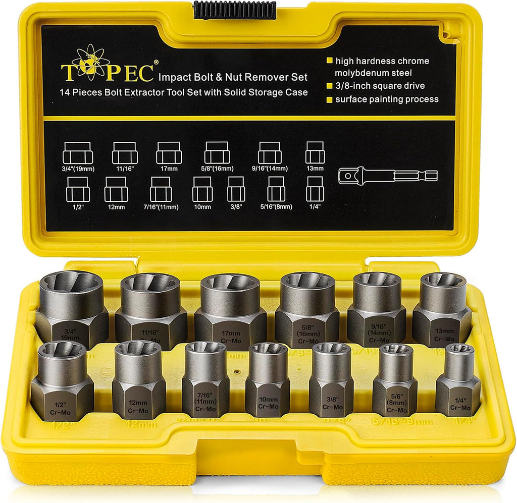Topec 13+1 Piece Impact Bolt & Nut Remover Set, 3/8" Drive Bolt Extractor Socket Set, 8mm-19mm Stripped Lug Nut Remover, Twist Socket for Damaged, Rusted, Rounded Fasteners