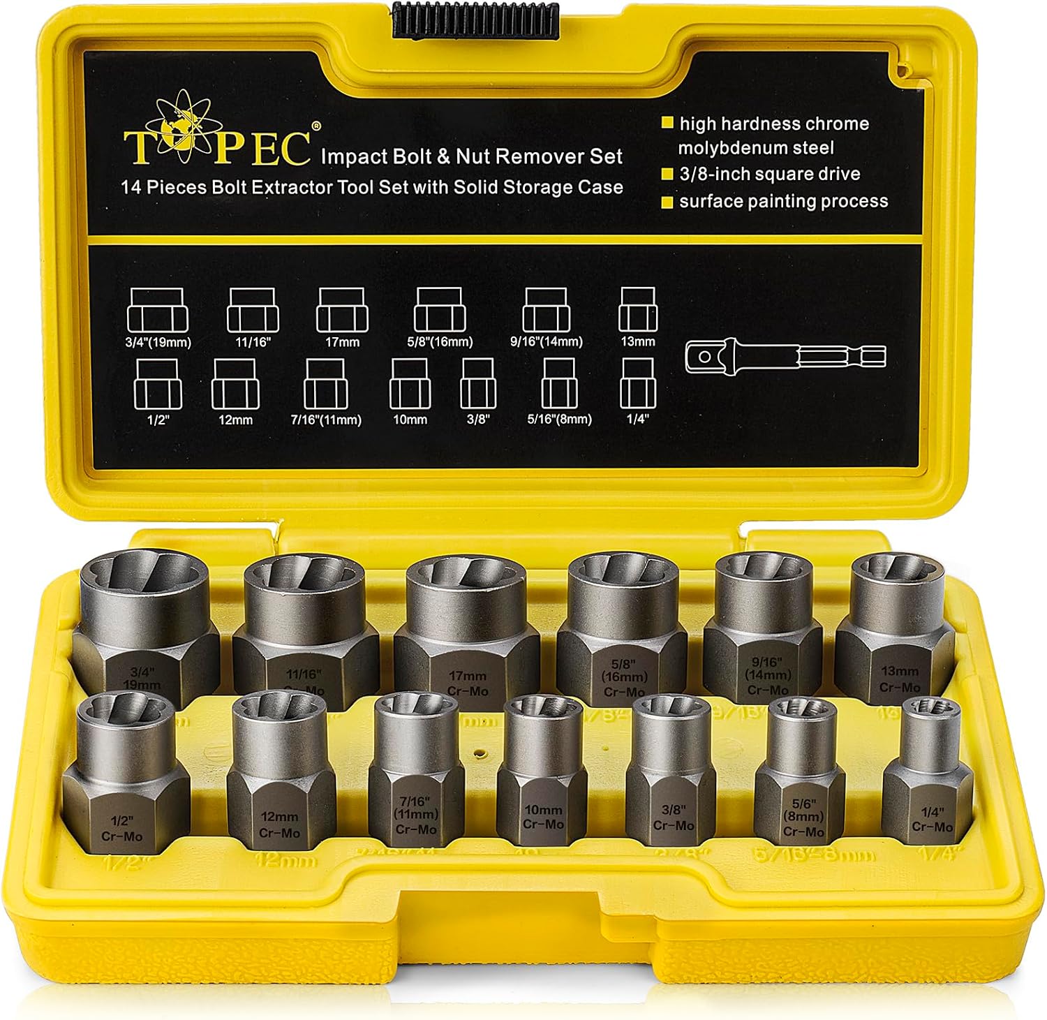 Topec 13+1 Piece Impact Bolt & Nut Remover Set, 3/8" Drive Bolt Extractor Socket Set, 8mm-19mm Stripped Lug Nut Remover, Twist Socket for Damaged, Rusted, Rounded Fasteners