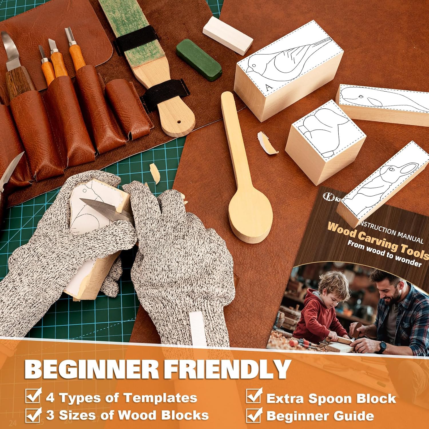 Wood Carving Kit, 32Pcs Wood Carving Tools with Storage Bag, Wood Whittling Knife Kit with 4pcs Templates & 11pcs Wood Carving Knives for Wood DIY Beginners