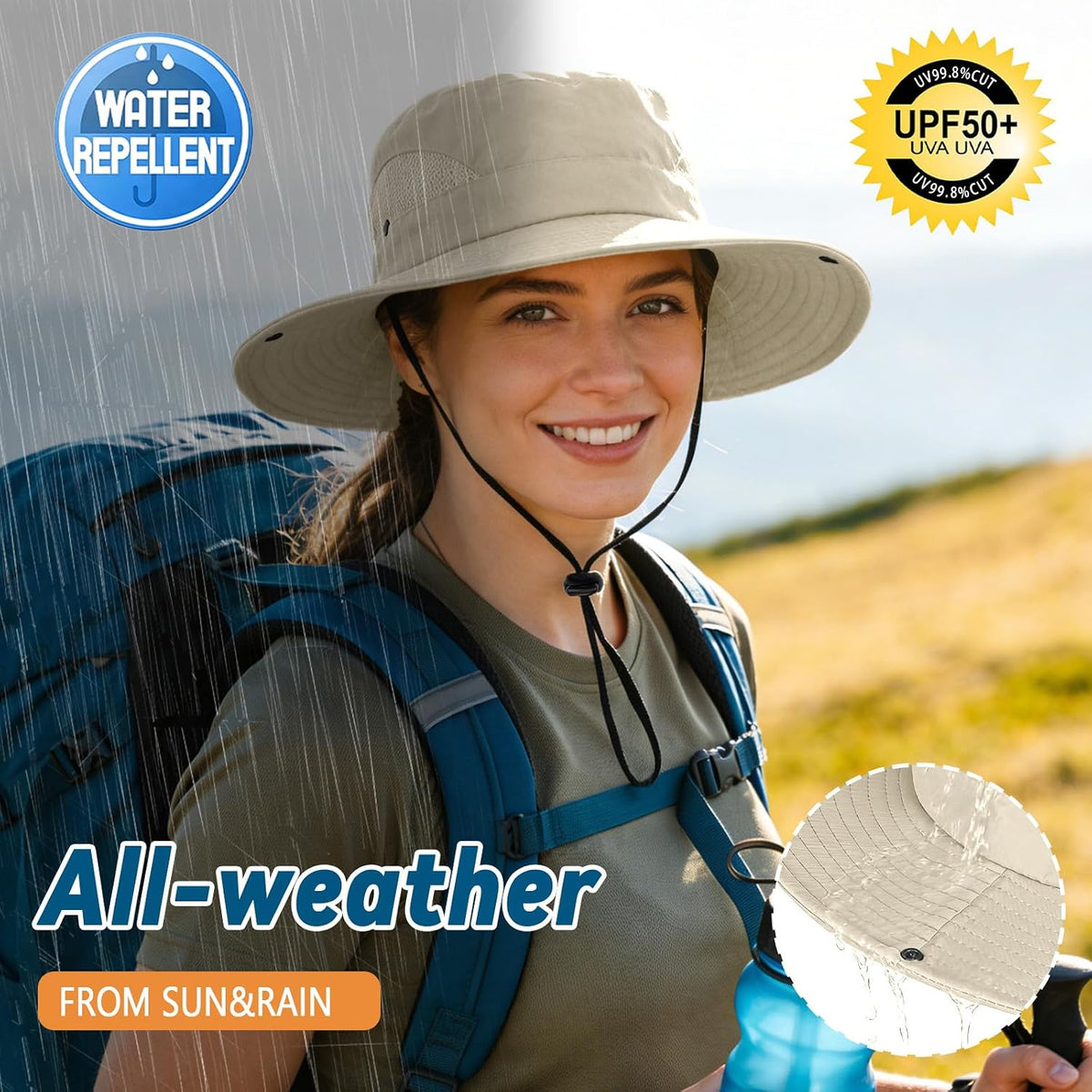 ZOORON Sun Hats for Men Women, Wide Brim Safari Hats UV Protection UPF50+ Waterproof Boonie Hats for Fishing Hiking Camping