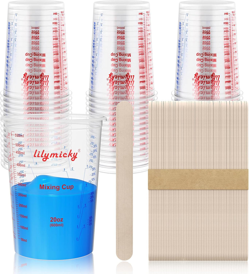 100 Pack Plastic Mixing Cups, 20 oz Measuring Cups with 100 Mixing Sticks