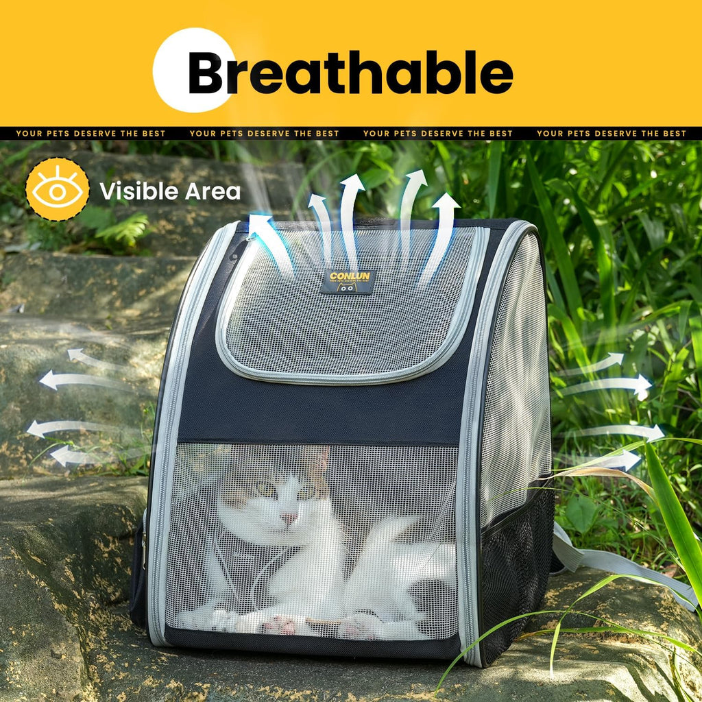 Conlun Cat Backpack Carrier for Small Dogs and Cats Fit Up to 15 Lbs,Small Dog Backpack, Foldable with 3-Side Mesh Windows, Pet Carrier for Travel & Hiking Friendly，Gray