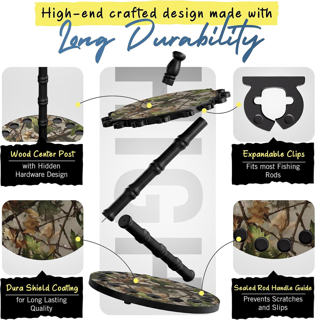 Rush Creek Creations 16-Rod Round Fishing Rod Holder for Garage, 360° Access Fishing Pole Holder for Fishing Rods, Reels, and Gear, Securely Holds 16 Rods, Camouflage