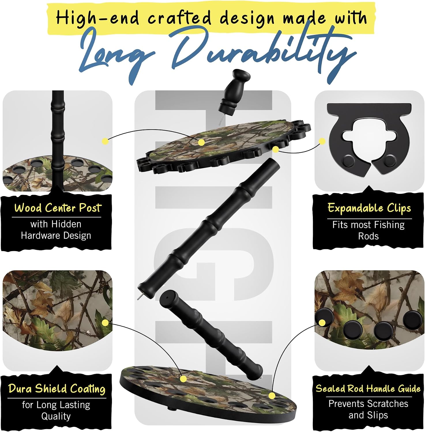 Rush Creek Creations 16-Rod Round Fishing Rod Holder for Garage, 360° Access Fishing Pole Holder for Fishing Rods, Reels, and Gear, Securely Holds 16 Rods, Camouflage