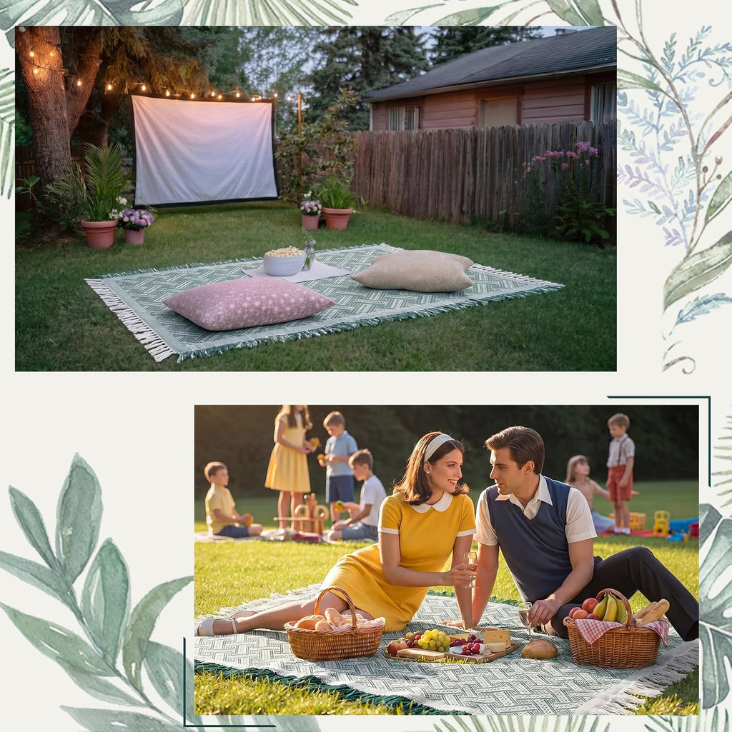 Frienda 6 Pcs Large Boho Outdoor Picnic Blanket 70" x 35" Chic Woven Cotton Yarn Beach Blanket with Fringe Washable Sandproof Portable for Picnic Camping Travel Lawn Bohemian Decor (Trendy,Green)