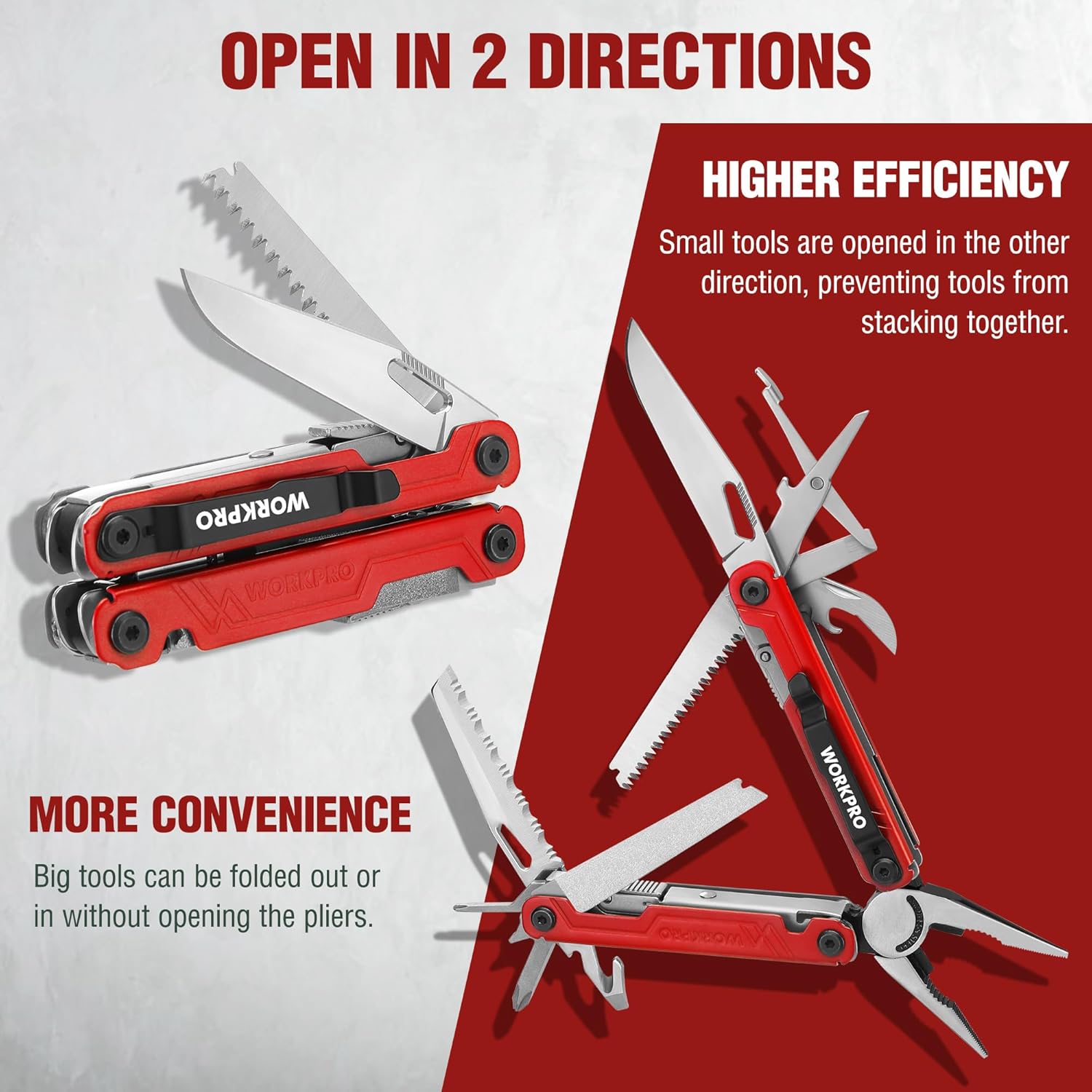 WORKPRO 18-in-1 Multi Tool Pliers Pocket Knife, 2 Safety Locks, EDC, Red | Gifts for Men Dad Women Wife, Stainless Steel Multitool, Belt Clip and Oxford Pouch, Utility Tool for Camping