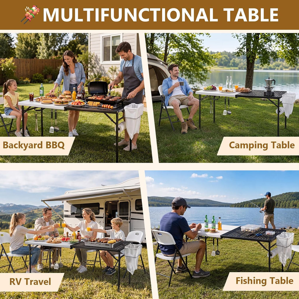 5FT Folding Table, Camping Table for Grill with Solid＆Metal Grid Grilling Surface, BBQ Prep Table Portable with Carry Handle for Party Cooking, Camping, Backyard, Beach and Patio Use