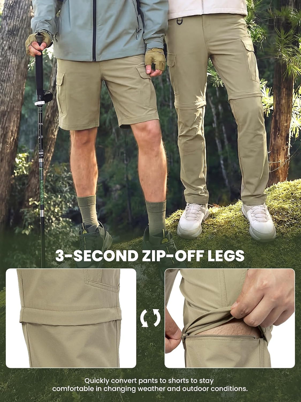 Men's Convertible Hiking Pants with 7 Pockets, Zip-Off Quick-Dry
