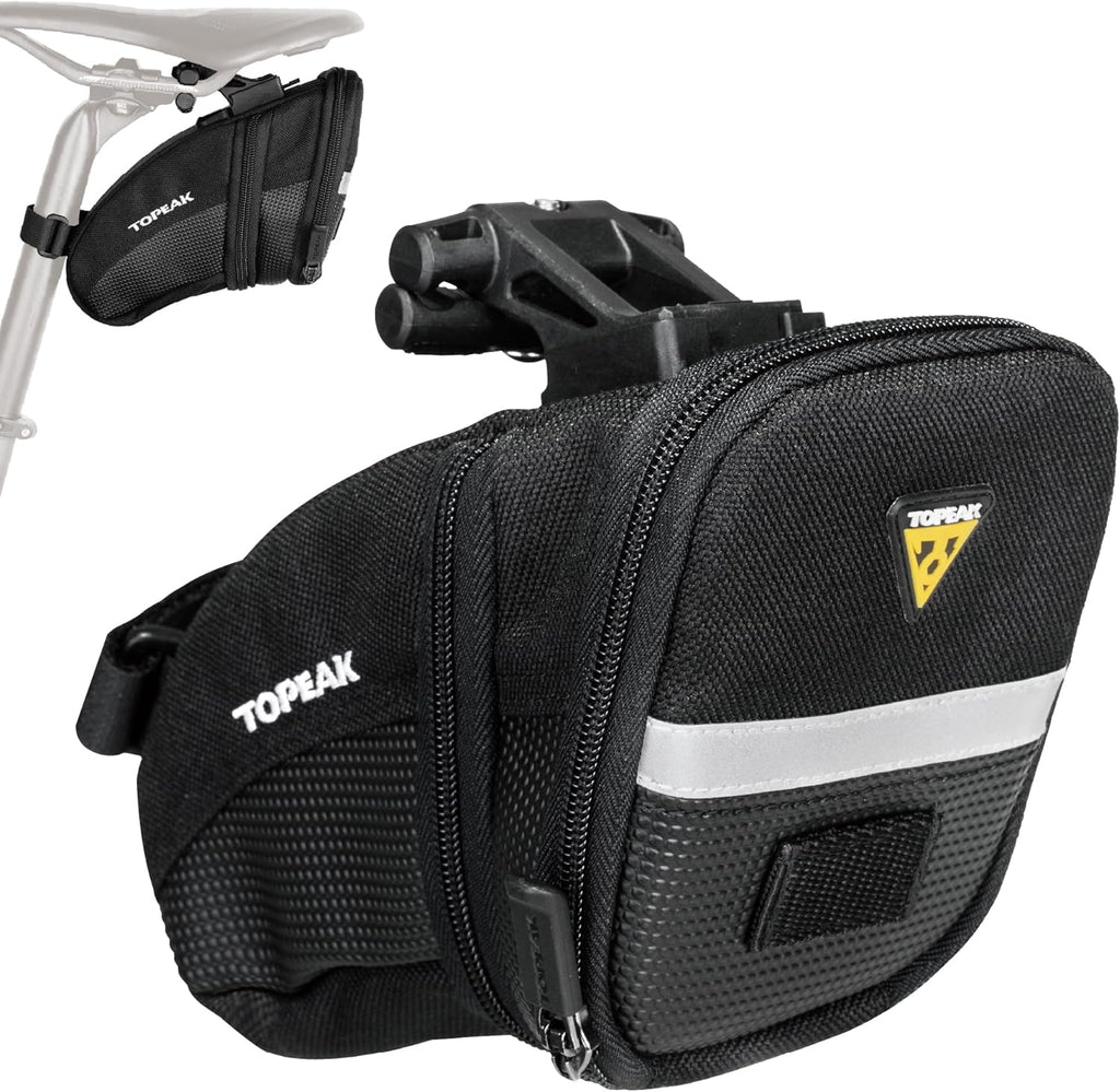 Topeak Aero Wedge Pack with Fixer F25 (Small), Compact Aerodynamic Bike Saddle Bag with QuickClick Mount, Durable 1000D Nylon, Reflective Strip, Safety Light Clip