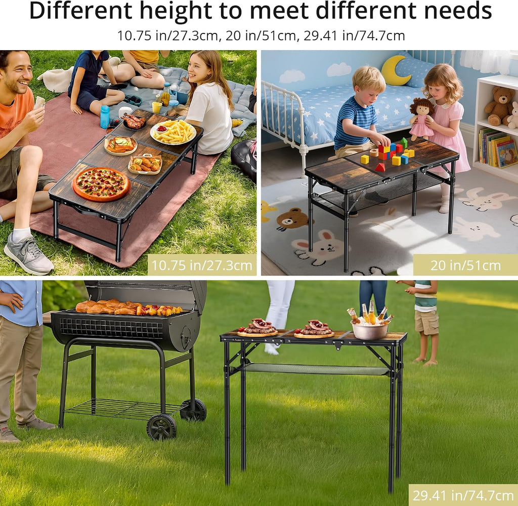 Anbte 3ft Folding Camping Table, 3 Adjustable Height 29.5", Rustic Brown