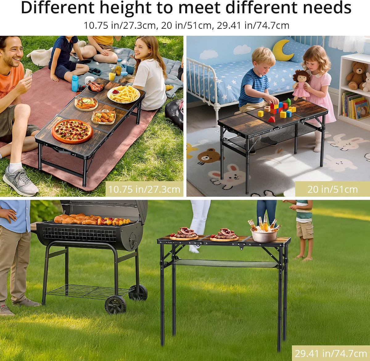 Anbte 3ft Folding Camping Table, 3 Adjustable Height 29.5", Rustic Brown