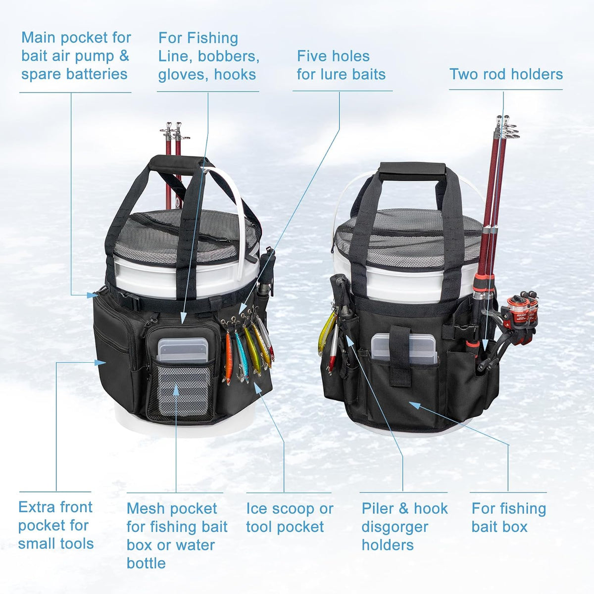 Fishing Bucket Organizer with Bucket Cover Fishing Tackle Bag with Rod & Plier Holder, Multi-Pockets for 5 Gallon Bucket Fishing Gear & Accessories Father Gifts