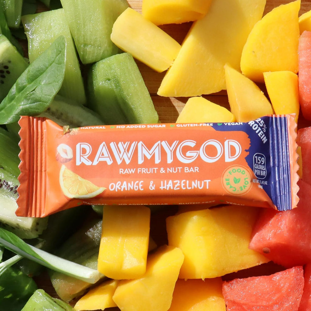 RAWMYGOD Fruit and Nut Bars, Good Source of Protein (10g, 25% protein content), Gluten Free, Vegan, No Added Sugar (16 bars, Orange & Hazelnut)
