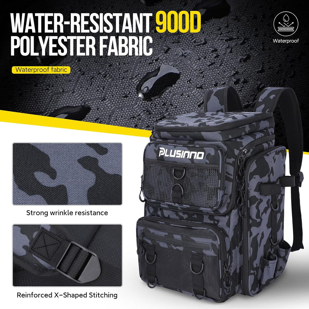 PLUSINNO Fishing Backpack with Tackle Boxes,Fishing Gear,42L Waterproof tackle Backpack with Rod Holders,Lures,Tools,Pliers & Accessories, Fish Gifts for Men