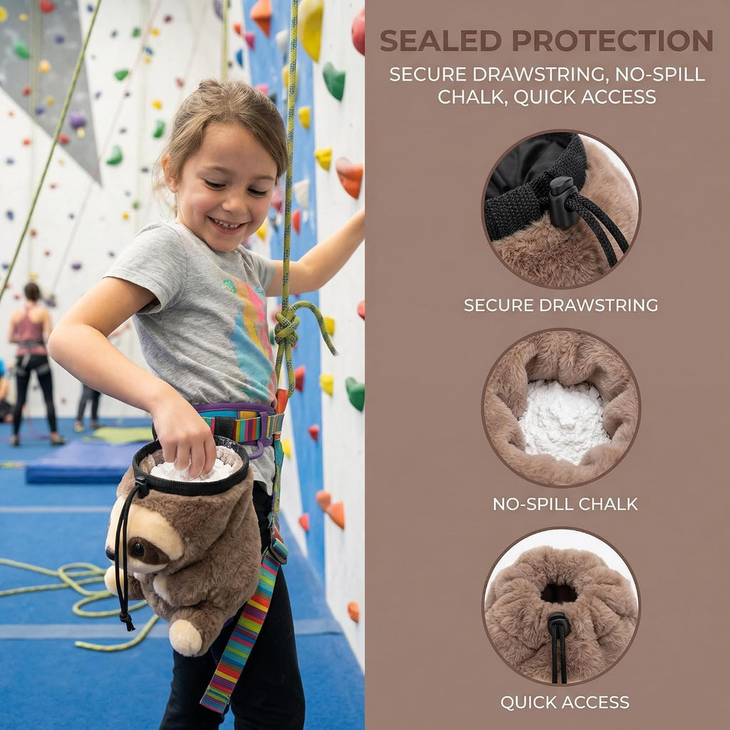 Sloth Rock Climbing Chalk Bag, Fun Plush Animal Chalk Pouch with Drawstring, Adjustable Waist Belt for Indoor Outdoor Bouldering Sport Climbing
