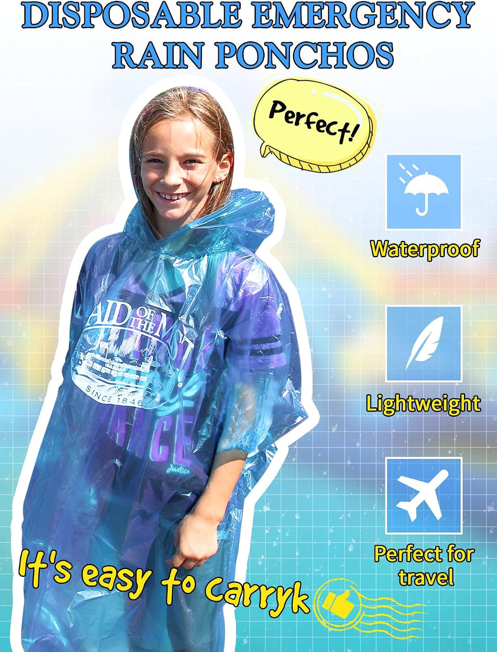 Tarpop 40 Pack Disposable Rain Ponchos Adult Drawstring Hood