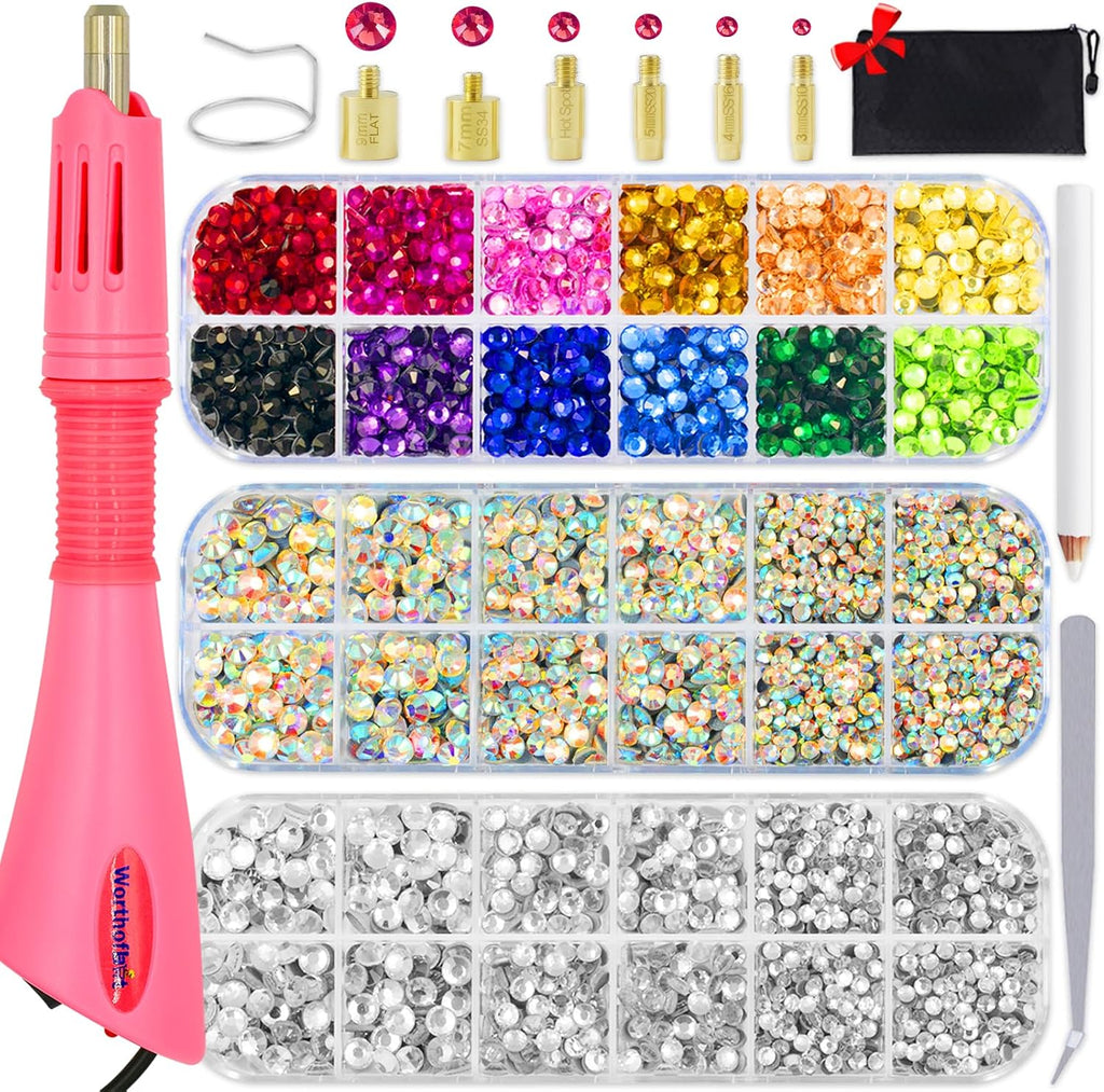 Worthofbest Hotfix Rhinestone Setter, Hot Fix Applicator Tool Bedazzler Kit with rhinestones, Kit, Hot Fixed Wand for Clothes Clothing Fabric Crafts, 5000 Pcs, AB Crystal, Clear, 3 Gems Sizes, Tips