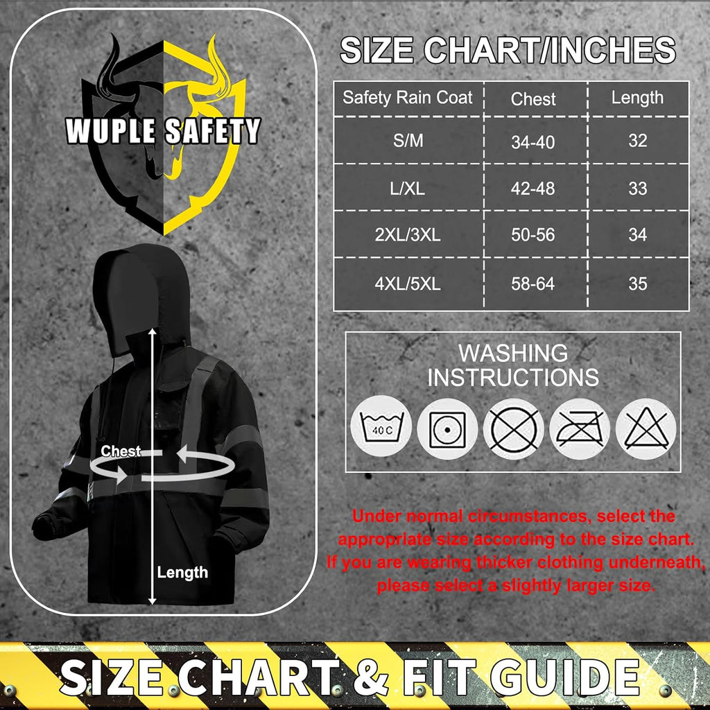 Hi-Vis Reflective Safety Rain Jacket and Pants for Men Women Waterproof Rain Gears with Inner Mesh Lining and pocket，Black 4XL/5XL