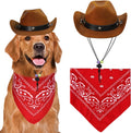 GOYOSWA Dog Halloween Costumes, Dog Cowboy Costume Halloween Pet Cowboy Hat Bandana Scarf for Small Medium Large Dogs Pets (Brown Hat & Red Bandana, Large)