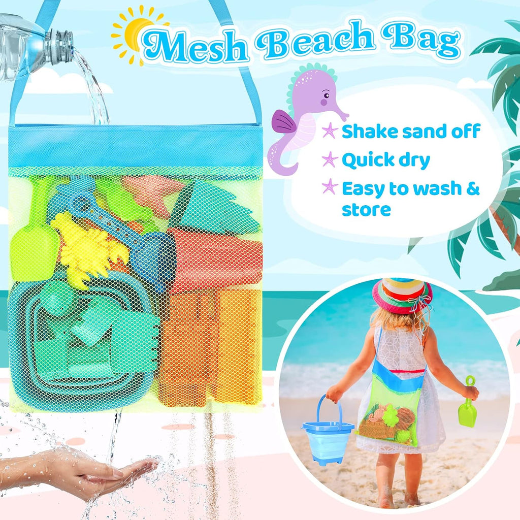 RACPNEL Beach Toys with Collapsible Bucket, Sand Castle Kit for Kids 3-12 | Castle Building Kit, Shovels, Portable Mesh Bag for Sandbox, Backyard, Summer Travel, Beach Games, Multi-Scene Outdoor Fun