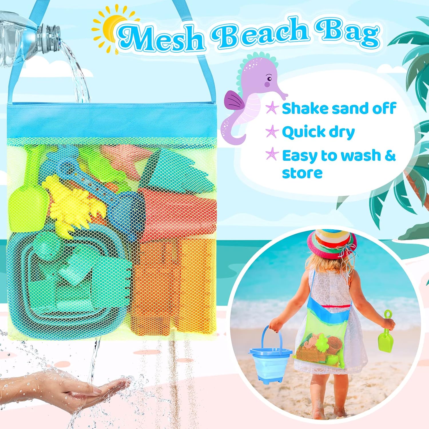 RACPNEL Beach Toys with Collapsible Bucket, Sand Castle Kit for Kids 3-12 | Castle Building Kit, Shovels, Portable Mesh Bag for Sandbox, Backyard, Summer Travel, Beach Games, Multi-Scene Outdoor Fun