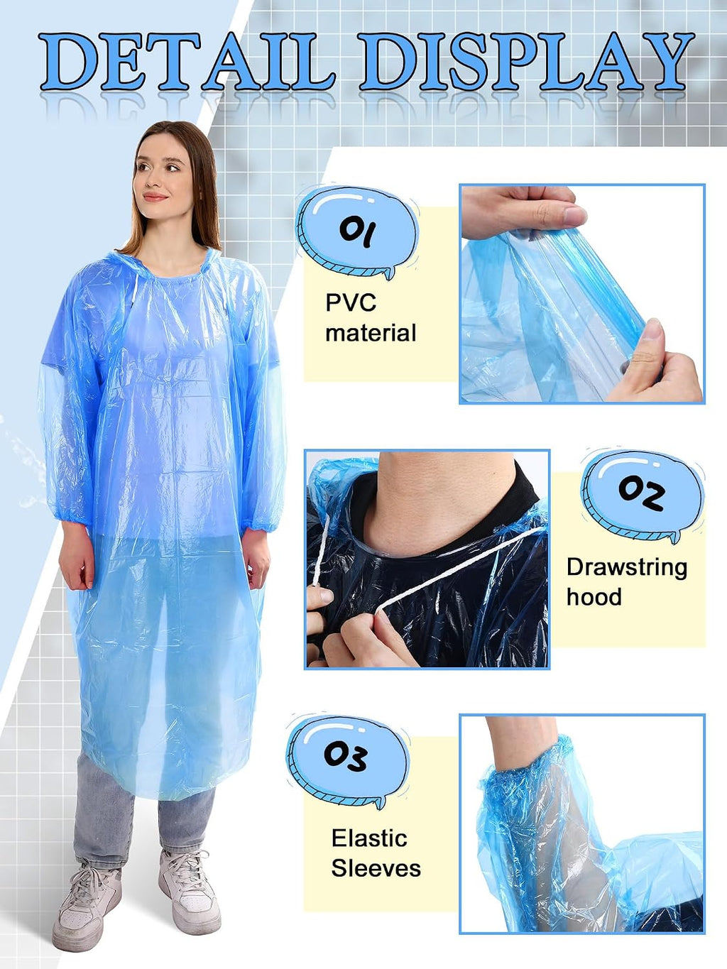 Tarpop 40 Pack Disposable Rain Ponchos Adult Drawstring Hood