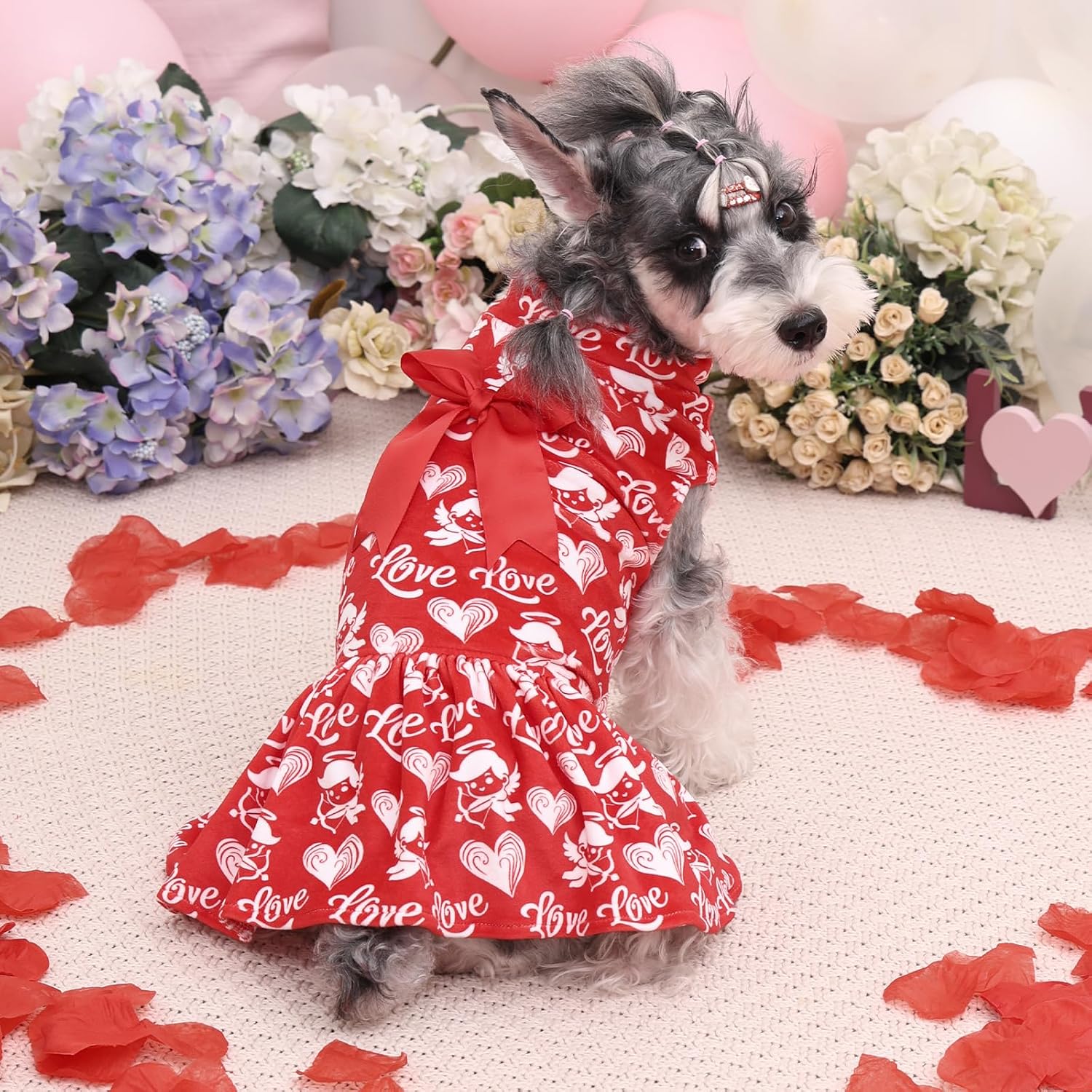 CuteBone Turtleneck Dog Velvet Dress Valentine's Day Puppy Skirt Costume Pet Clothes Cat Apparel with Bow Hair Rope for Small Dogs CVD19S