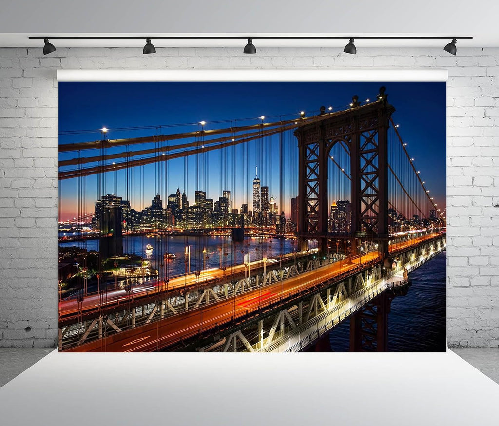 7x5ft Fabric New York Brooklyn Bridge Backdrop Night New York City Bridge River Building Lights Photography Background for NYC Travel Theme Party Decor Photo Studio Props