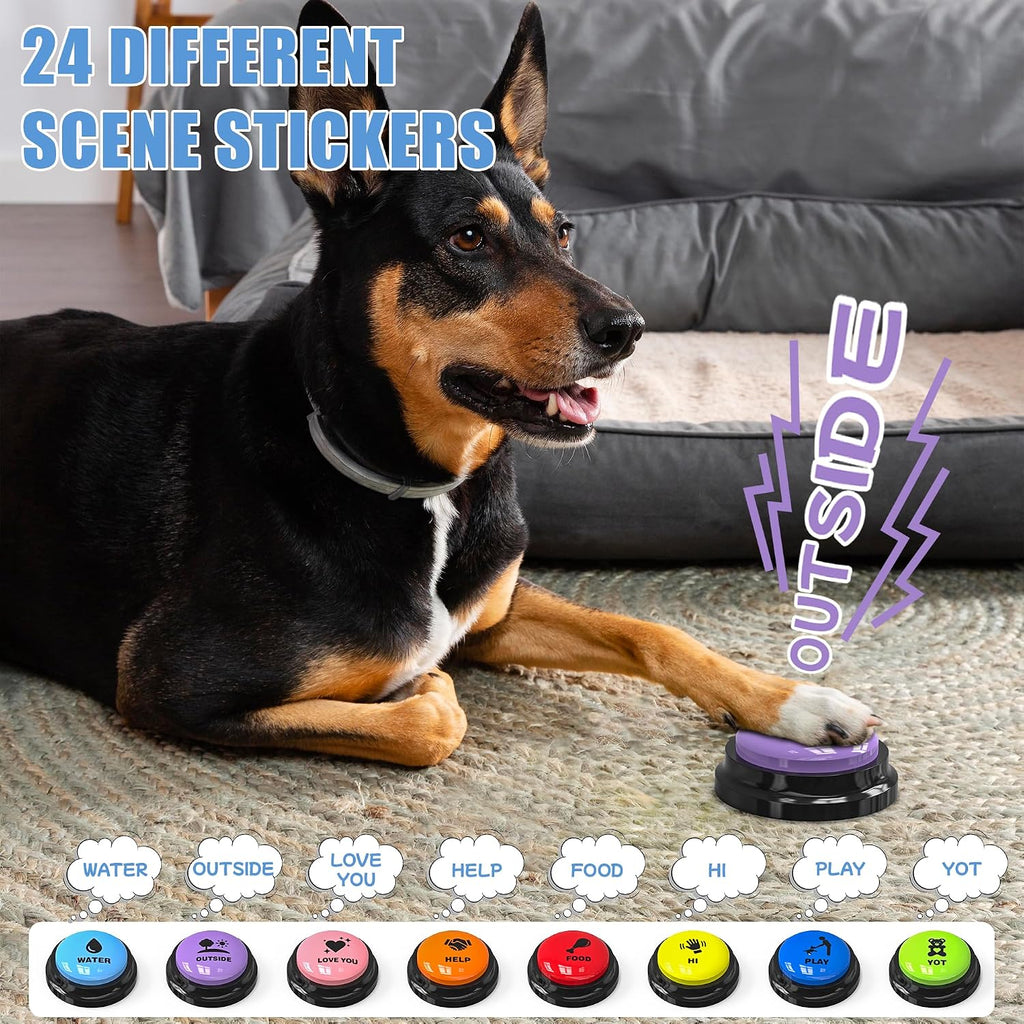 Dog Buttons for Communication 8 Pcs, 30s Recordable Dog Talking Buttons Starter Set with Anti-Slip Mat & 24 Scene Stickers, Pet Training Voice Buzzer