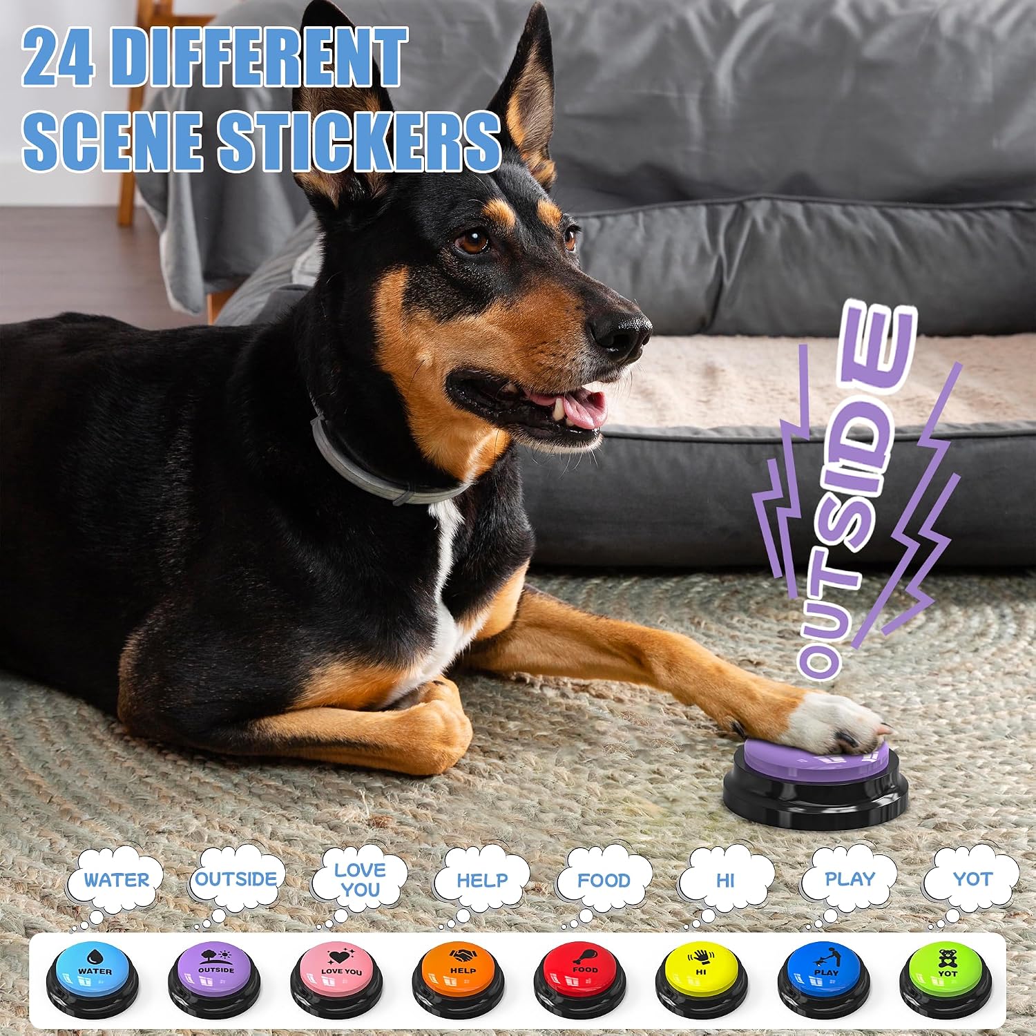 Dog Buttons for Communication 8 Pcs, 30s Recordable Dog Talking Buttons Starter Set with Anti-Slip Mat & 24 Scene Stickers, Pet Training Voice Buzzer