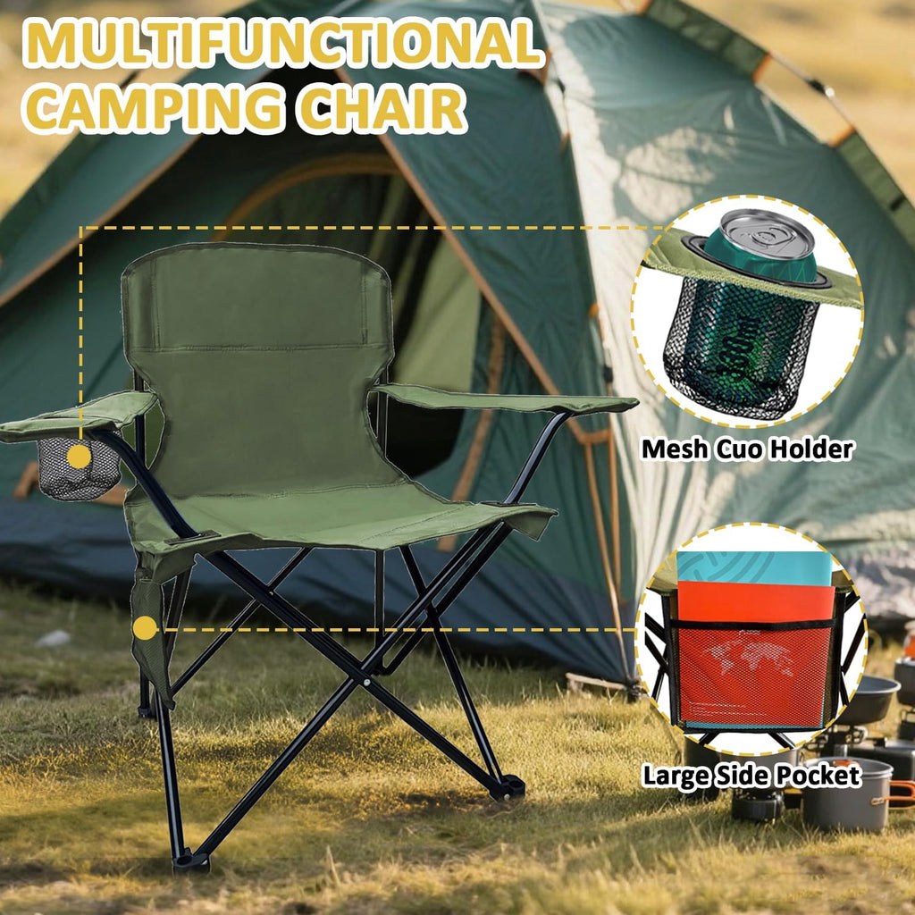 Folding Camping Chair with Cup Holder & Storage Bag, 225lbs Capacity, Large Anti-Sink Feet, Breathable PE Coated Fabric for Outdoor, Hiking, Beach, Fishing, Backpacking, 2PCS Green