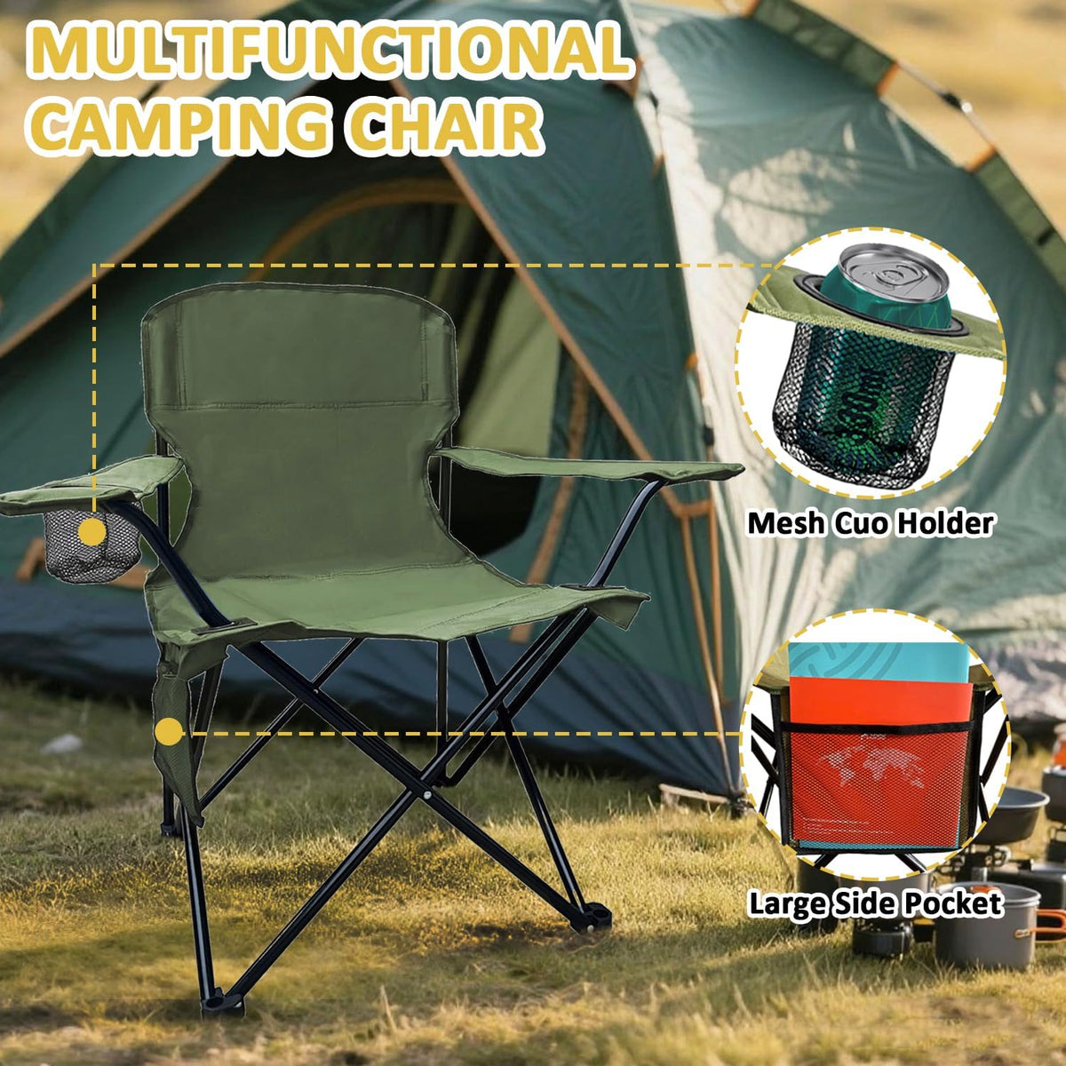 Folding Camping Chair with Cup Holder & Storage Bag, 225lbs Capacity, Large Anti-Sink Feet, Breathable PE Coated Fabric for Outdoor, Hiking, Beach, Fishing, Backpacking, 2PCS Green