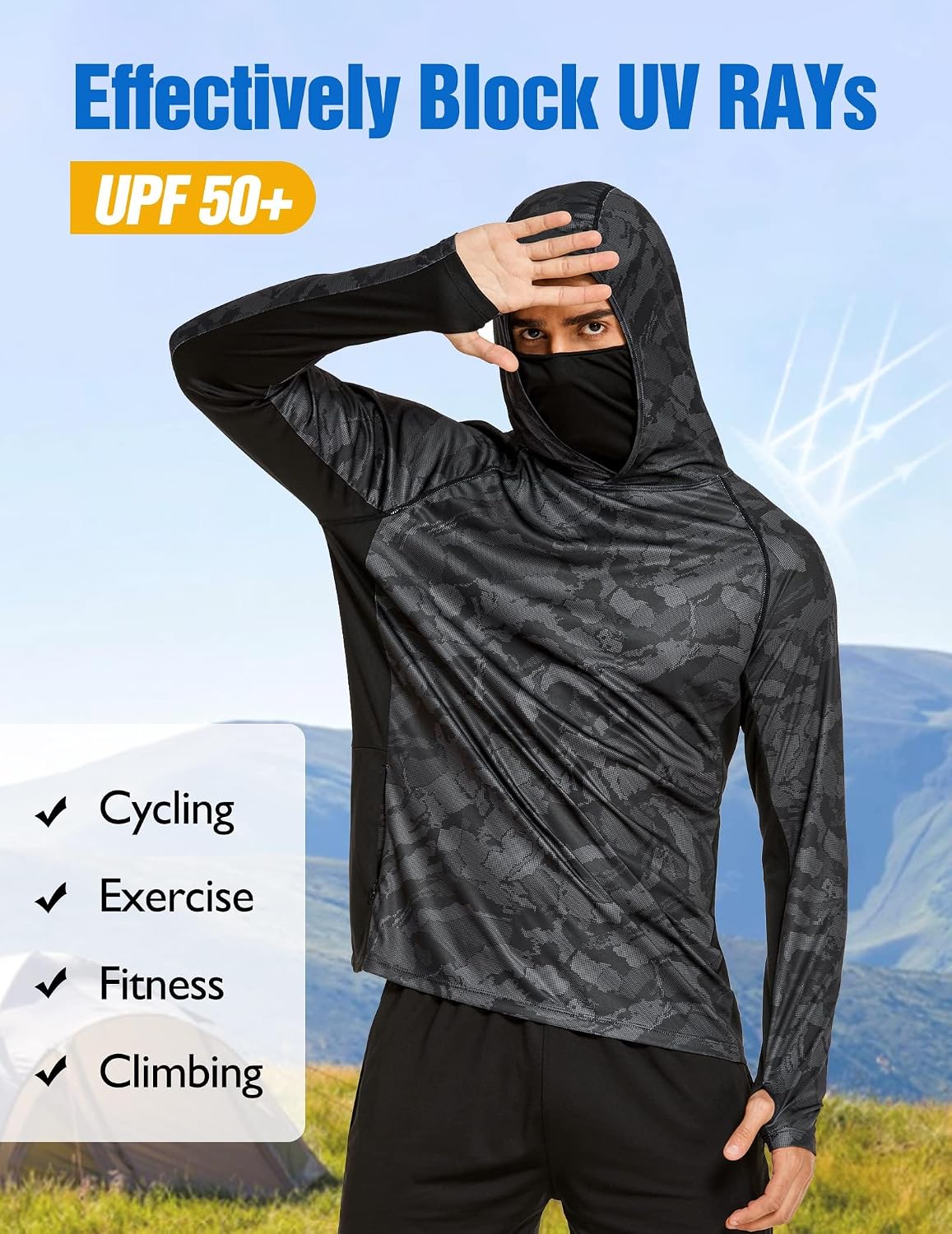 COOrun Men's Hooded Sun Shirts with Mask Fishing Shirts for Men Long Sleeve UPF 50 Rash Guards Cooling Hoodies Hiking Shirts