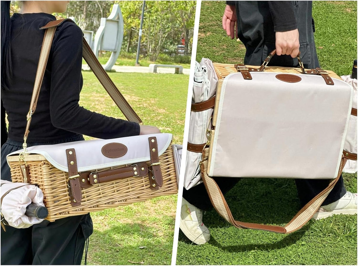 Multifunctional Wicker Picnic Basket Set for 2 Adults with Blankets & Table