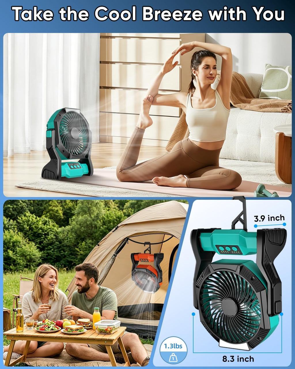 Portable Rechargeable Fan, 20000mAh Battery Powered Camping Fan with LED Light & Hook, 270° Adjustable, 4-Speed, 4H Timer Camping Essentials for Outdoor Tent Travel BBQ Car_Blue