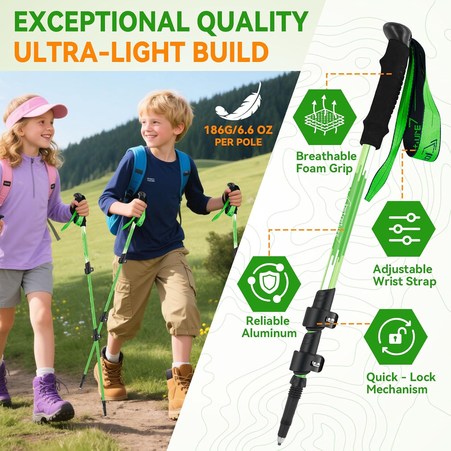 Clostnature Kids Trekking Poles for Hiking, 2 Pack Children Walking Sticks | Aluminum, Quick-Adjust, Telescopic, Ultralight, Compact, Retractable, Collapsible, Non-slip EVA Foam Grip, Ergonomic Grip