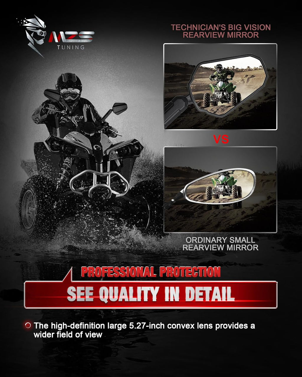 MZS Adventure Motorcycle Mirrors, 10mm 8mm Foldable Motorbike Rear View Handlebar Side Mirror with Aluminum Mount Black Fit for Street Dirt Electric Bike Ebike Scooter ATV Quad