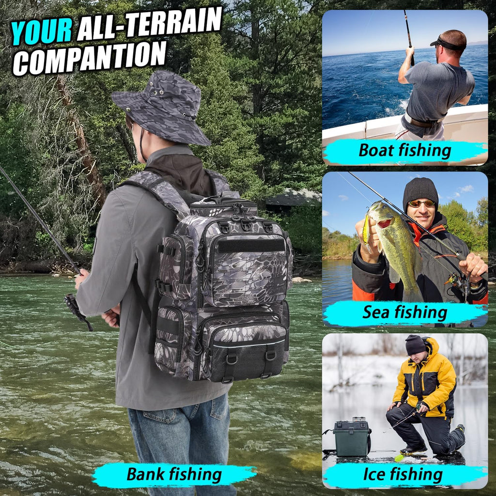 Tactical Fishing Backpack with 4 Tackle Boxes, Rod Holders & Bottle Holder