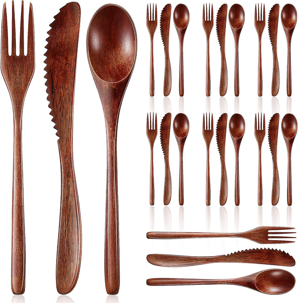 Geiserailie 24 Pcs Wooden Utensils for Eating Wooden Spoon Fork Knife Set