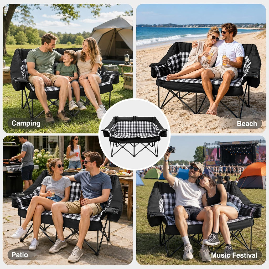 HOPERAN Double Camping Chair 800lbs Camping Couch Folding Loveseat, Black