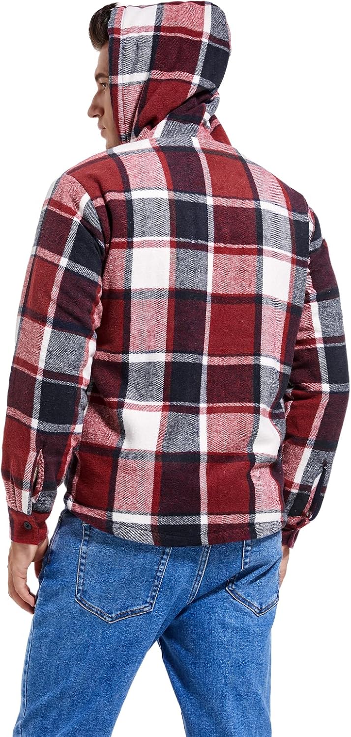 Men's Zip Up Flannel Shirt Jacket Fleece Lined with Hood